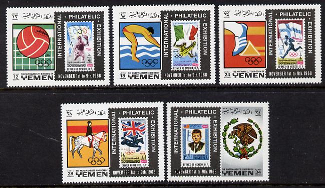 Yemen - Royalist 1968 Efimex Stamp Exhibition set of 5 unmounted mint (Mi 627-31A), stamps on , stamps on  stamps on kennedy, stamps on personalities, stamps on olympics, stamps on postal, stamps on sport, stamps on stamp on stamp, stamps on stamp exhibitions, stamps on horses, stamps on show jumping, stamps on  stamps on stamponstamp