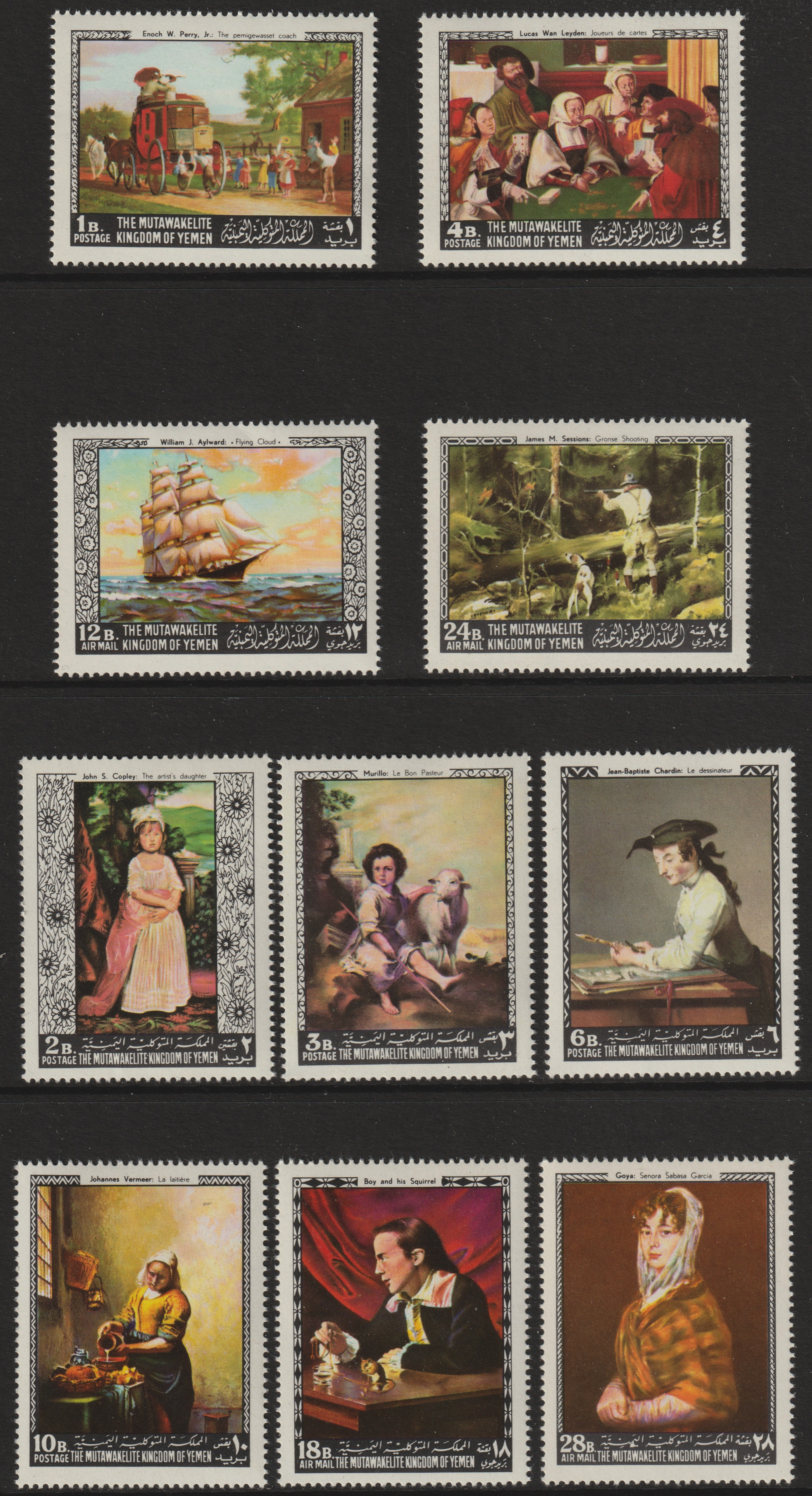 Yemen - Royalist 1968 Paintings (American & European) set of 10 unmounted mint (Mi 557-66A) , stamps on , stamps on  stamps on arts, stamps on  stamps on playing cards, stamps on  stamps on gambling, stamps on  stamps on ships, stamps on  stamps on squirrel, stamps on  stamps on hunting