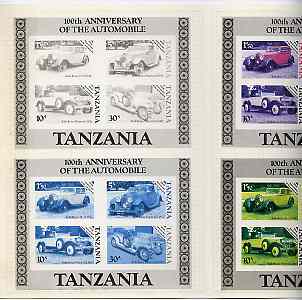 Tanzania 1986 Centenary of Motoring set of 4 imperf progressive proofs of m/sheet plus completed design all mounted in special printer's presentation wallet (as SG MS 460), stamps on , stamps on  stamps on cars     rolls-royce