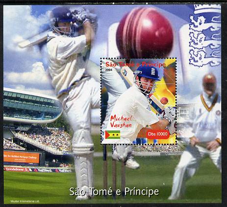 St Thomas & Prince Islands 2004 Cricket - Michael Vaughan perf souvenir sheet unmounted mint. Note this item is privately produced and is offered purely on its thematic appeal, stamps on , stamps on  stamps on sport, stamps on  stamps on cricket