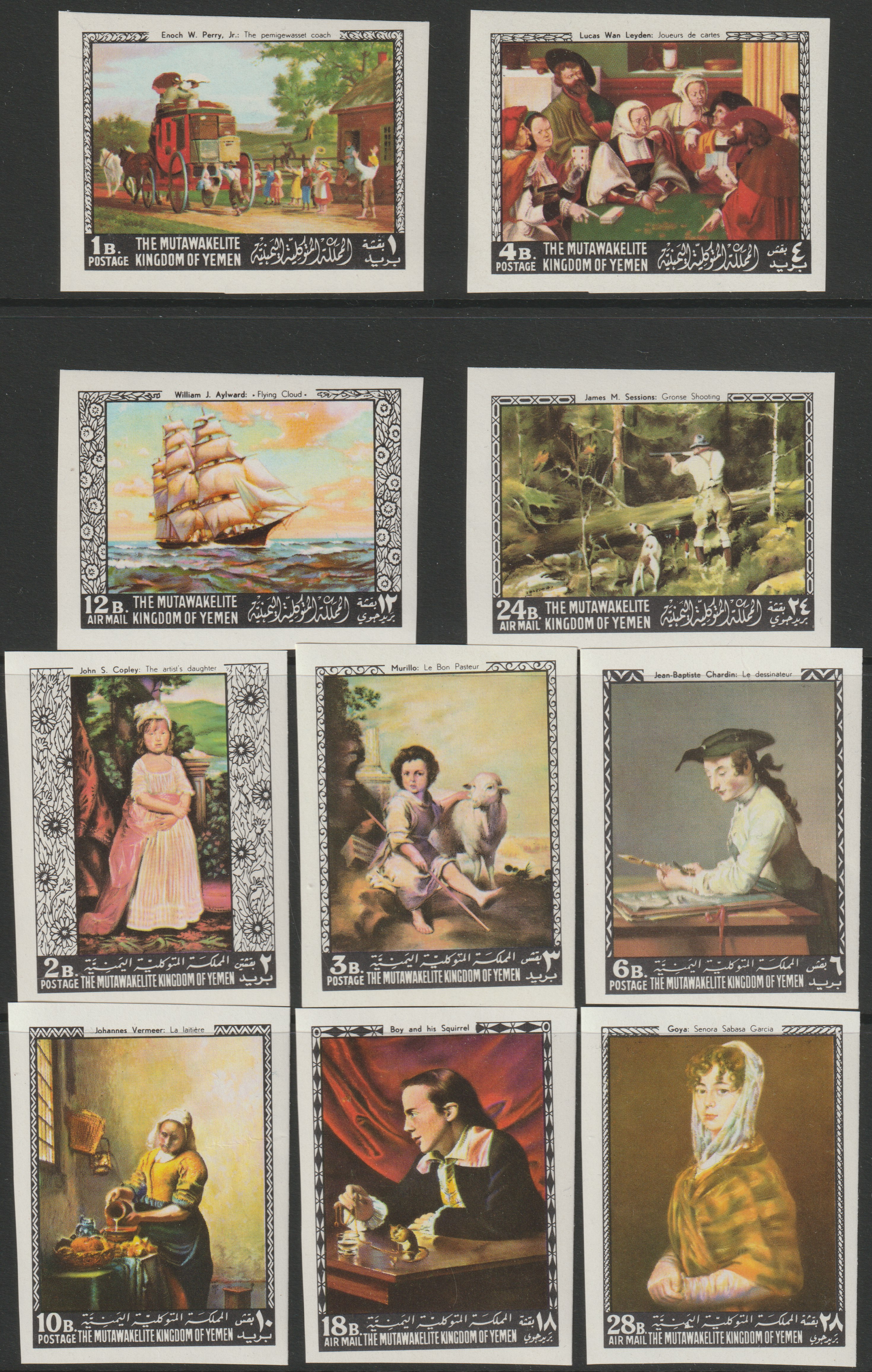 Yemen - Royalist 1968 Paintings (American & European) imperf set of 10 unmounted mint (Mi 557-66B) , stamps on , stamps on  stamps on arts, stamps on  stamps on playing cards, stamps on  stamps on gambling, stamps on  stamps on ships, stamps on  stamps on squirrel, stamps on  stamps on hunting