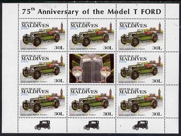 Maldive Islands 1983 Classic Motor Cars 30L (1932 Aston Martin) in sheetlet of 8 plus label unmounted mint, SG 998, stamps on , stamps on  stamps on aston martin