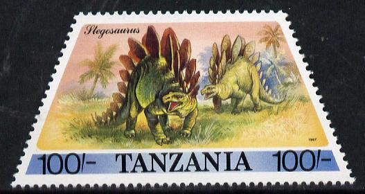 Tanzania 1988 Stegosaurus 100s (from Prehistoric & Modern Animals set of 8) SG 557 unmounted mint (tete-beche horiz pairs available pro rata), stamps on dinosaurs