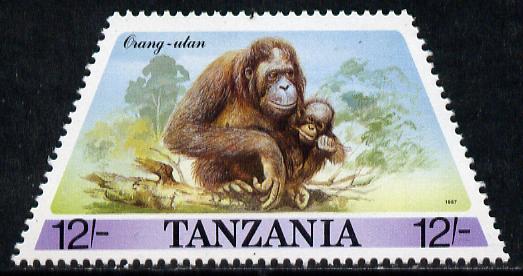 Tanzania 1988 Orang-Utan 12s (from Prehistoric & Modern Animals set of 8) unmounted mint SG 555 (tete-beche horiz pairs available pro rata), stamps on , stamps on  stamps on orang-utan    apes