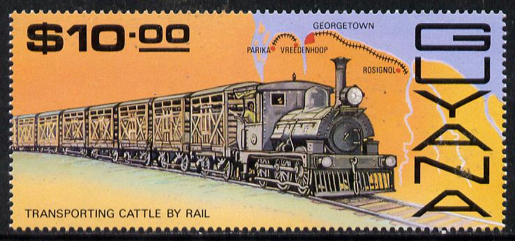 Guyana 1987 Railways $10 (Cattle Train) unmounted mint, SG 2212, stamps on cattle, stamps on bovine, stamps on railways, stamps on maps