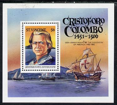 St Vincent 1992 50th Anniversary of Discovery of America $6 m/sheet (Columbus & Santa Maria) unmounted mint SG MS 1901a , stamps on , stamps on  stamps on columbus     ships    explorers