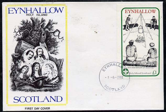 Eynhallow 1982 75th Anniversary of Scouting imperf souvenir sheet (A31 value showing Campfire) on cover with first day cancel, stamps on , stamps on  stamps on scouts