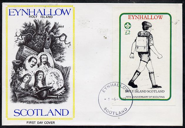 Eynhallow 1982 75th Anniversary of Scouting imperf deluxe sheet (\A32 value showing Scout with Back-pack) on cover with first day cancel, stamps on scouts