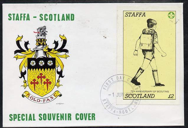 Staffa 1982 75th Anniversary of Scouting imperf deluxe sheet (\A32 value showing Scout with Back-pack) on cover with first day cancel, stamps on scouts