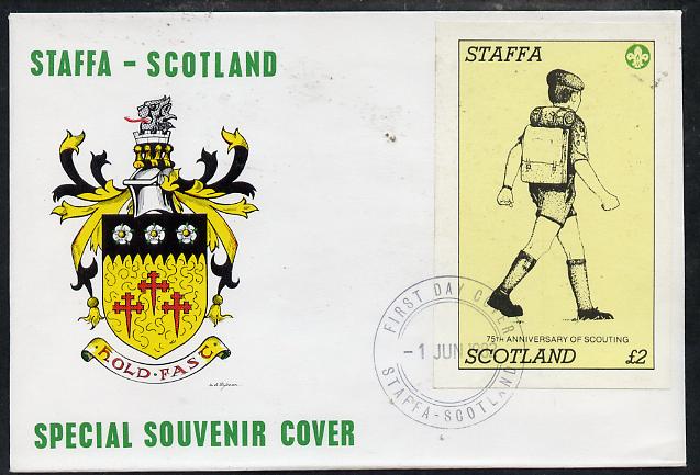 Staffa 1982 75th Anniversary of Scouting imperf deluxe sheet (A32 value showing Scout with Back-pack) on cover with first day cancel, stamps on , stamps on  stamps on scouts