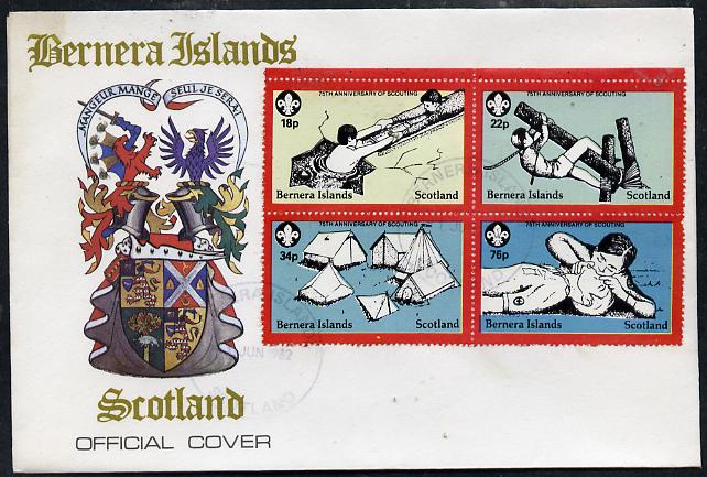 Bernera 1982 75th Anniversary of Scouting perf set of 4 on cover with first day cancel, stamps on scouts