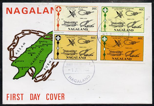 Nagaland 1982 75th Anniversary of Scouting perf set of 4 on cover with first day cancel, stamps on scouts