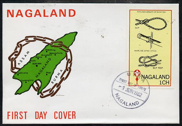 Nagaland 1982 75th Anniversary of Scouting imperf souvenir sheet (1ch value showing Knots) on cover with first day cancel, stamps on , stamps on  stamps on scouts, stamps on knots