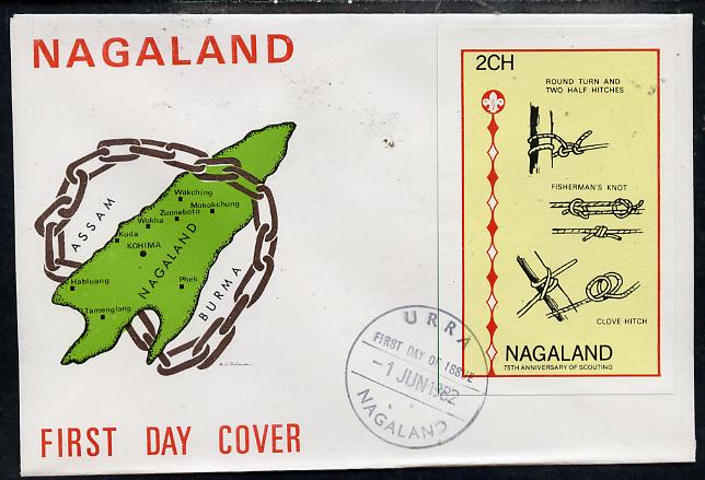 Nagaland 1982 75th Anniversary of Scouting imperf deluxe sheet (2ch value showing Knots) on cover with first day cancel, stamps on , stamps on  stamps on scouts, stamps on knots