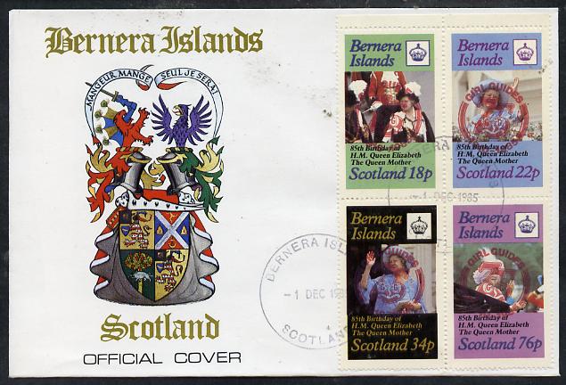 Bernera 1985 Life & Times of HM Queen Mother perf set of 4 with Girl Guide 75th Anniversary opt in red, on cover with first day cancel, stamps on , stamps on  stamps on scouts, stamps on  stamps on royalty, stamps on  stamps on queen mother