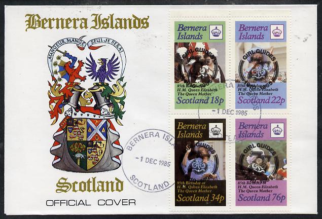 Bernera 1985 Life & Times of HM Queen Mother perf set of 4 with Girl Guide 75th Anniversary opt in black, on cover with first day cancel, stamps on , stamps on  stamps on scouts, stamps on  stamps on royalty, stamps on  stamps on queen mother