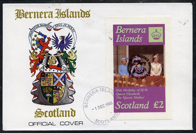 Bernera 1985 Life & Times of HM Queen Mother imperf deluxe sheet (A32 value) with Girl Guide 75th Anniversary opt in black, on cover with first day cancel, stamps on , stamps on  stamps on scouts, stamps on  stamps on royalty, stamps on  stamps on queen mother