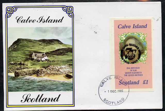 Calve Island 1985 Life & Times of HM Queen Mother imperf souvenir sheet (\A31 value) with Girl Guide 75th Anniversary opt in black, on cover with first day cancel, stamps on scouts, stamps on royalty, stamps on queen mother