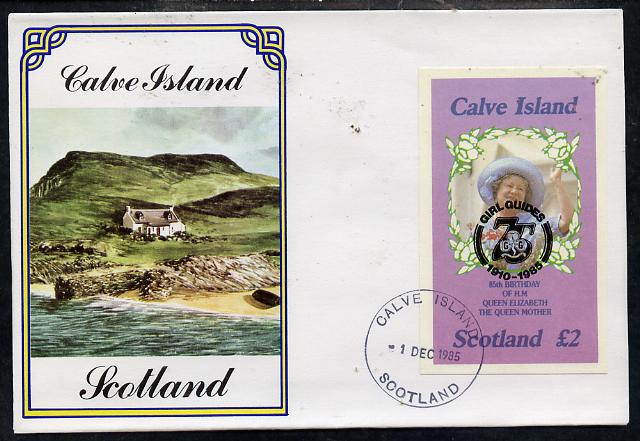 Calve Island 1985 Life & Times of HM Queen Mother imperf deluxe sheet (\A32 value) with Girl Guide 75th Anniversary opt in black, on cover with first day cancel, stamps on scouts    royalty     queen mother  