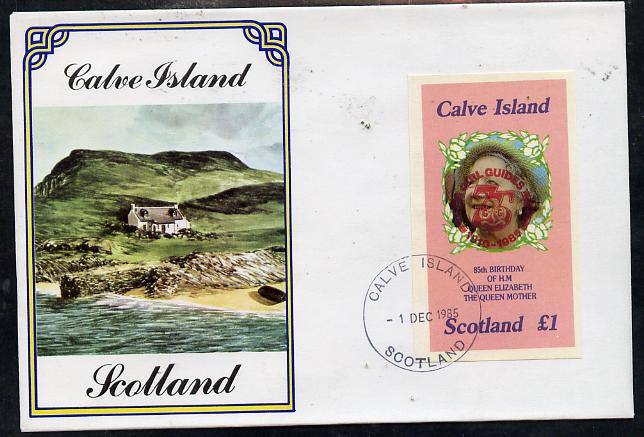 Calve Island 1985 Life & Times of HM Queen Mother imperf souvenir sheet (\A31 value) with Girl Guide 75th Anniversary opt in red, on cover with first day cancel, stamps on scouts, stamps on royalty, stamps on queen mother