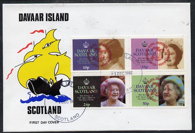 Davaar Island 1985 Life & Times of HM Queen Mother perf set of 4 with Girl Guide 75th Anniversary opt in red, on cover with first day cancel, stamps on scouts, stamps on royalty, stamps on queen mother