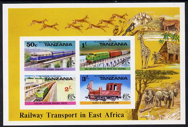 Tanzania 1976 Railways imperf m/sheet unmounted mint SG MS 191, stamps on , stamps on  stamps on railways, stamps on animals, stamps on elephants, stamps on giraffes, stamps on 