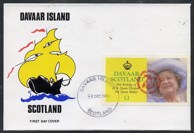 Davaar Island 1985 Life & Times of HM Queen Mother imperf souvenir sheet (A31 value) with Girl Guide 75th Anniversary opt in red, on cover with first day cancel, stamps on , stamps on  stamps on scouts, stamps on  stamps on royalty, stamps on  stamps on queen mother