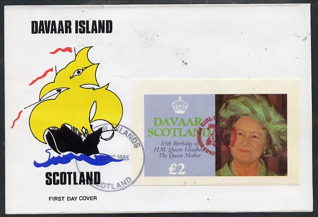 Davaar Island 1985 Life & Times of HM Queen Mother imperf deluxe sheet (\A32 value) with Girl Guide 75th Anniversary opt in red, on cover with first day cancel, stamps on scouts, stamps on royalty, stamps on queen mother