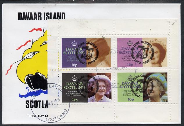 Davaar Island 1985 Life & Times of HM Queen Mother perf set of 4 with Girl Guide 75th Anniversary opt in black, on cover with first day cancel, stamps on scouts, stamps on royalty, stamps on queen mother
