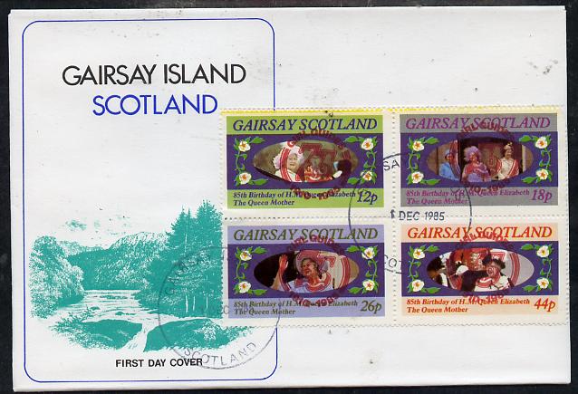 Gairsay 1985 Life & Times of HM Queen Mother perf set of 4 with Girl Guide 75th Anniversary opt in red, on cover with first day cancel, stamps on , stamps on  stamps on scouts, stamps on  stamps on royalty, stamps on  stamps on queen mother