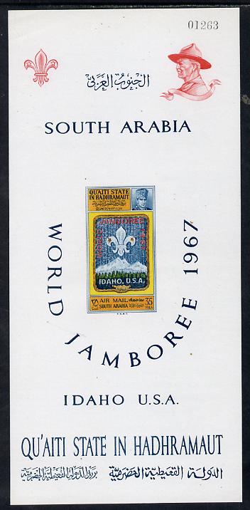 Aden - Qu'aiti 1967 Scout Jamboree 35f imperf m/sheet unmounted mint (Mi 10B), stamps on scouts