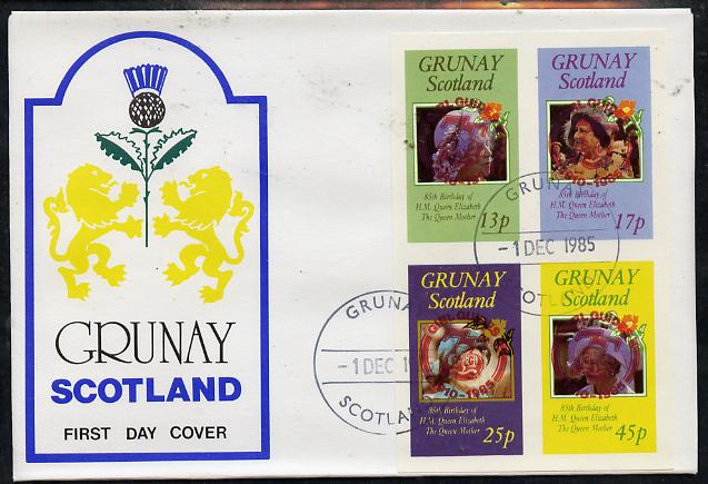 Grunay 1985 Life & Times of HM Queen Mother imperf set of 4 with Girl Guide 75th Anniversary opt in red, on cover with first day cancel, stamps on scouts, stamps on royalty, stamps on queen mother