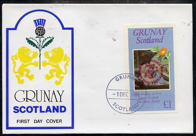 Grunay 1985 Life & Times of HM Queen Mother imperf souvenir sheet (A31 value) with Girl Guide 75th Anniversary opt in red, on cover with first day cancel, stamps on , stamps on  stamps on scouts, stamps on  stamps on royalty, stamps on  stamps on queen mother