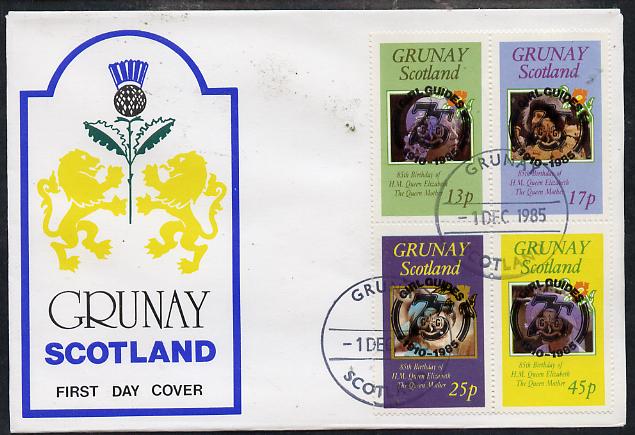 Grunay 1985 Life & Times of HM Queen Mother perf set of 4 with Girl Guide 75th Anniversary opt in black, on cover with first day cancel, stamps on scouts, stamps on royalty, stamps on queen mother
