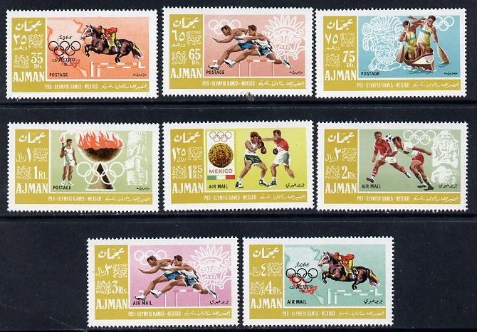 Ajman 1967 Mexico Olympics perf set of 8 unmounted mint, Mi 189-96A, stamps on , stamps on  stamps on sport, stamps on  stamps on olympics, stamps on  stamps on canoeing, stamps on  stamps on hurdles, stamps on  stamps on show-jumping, stamps on  stamps on football, stamps on  stamps on boxing, stamps on  stamps on horses