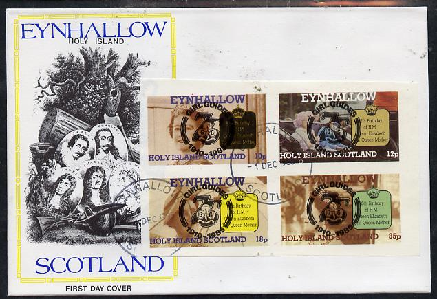 Eynhallow 1985 Life & Times of HM Queen Mother imperf set of 4 with Girl Guide 75th Anniversary opt in black, on cover with first day cancel, stamps on scouts, stamps on royalty, stamps on queen mother