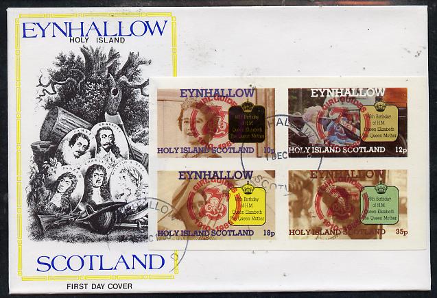 Eynhallow 1985 Life & Times of HM Queen Mother imperf set of 4 with Girl Guide 75th Anniversary opt in red, on cover with first day cancel, stamps on , stamps on  stamps on scouts, stamps on  stamps on royalty, stamps on  stamps on queen mother