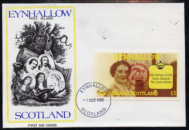 Eynhallow 1985 Life & Times of HM Queen Mother imperf souvenir sheet (\A31 value) with Girl Guide 75th Anniversary opt in red, on cover with first day cancel, stamps on scouts, stamps on royalty, stamps on queen mother