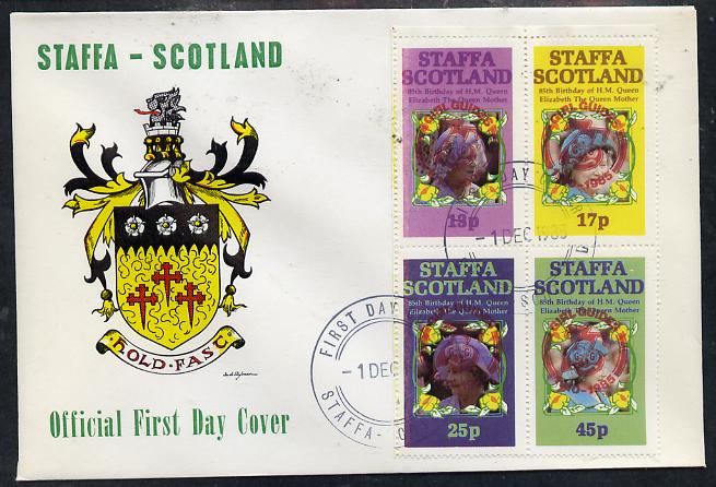Staffa 1985 Life & Times of HM Queen Mother perf set of 4 with Girl Guide 75th Anniversary opt in red, on cover with first day cancel, stamps on scouts, stamps on royalty, stamps on queen mother