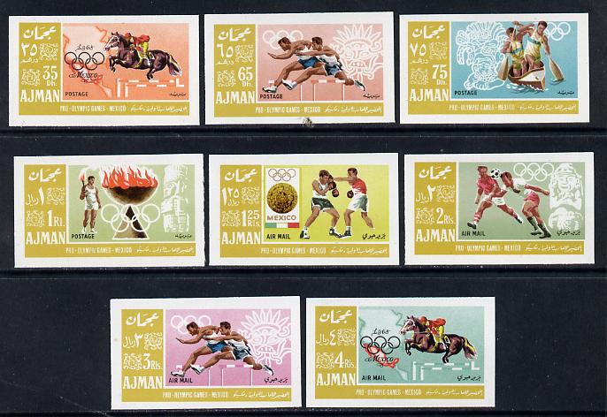 Ajman 1967 Mexico Olympics imperf set of 8 unmounted mint, Mi 189-96B, stamps on , stamps on  stamps on sport, stamps on  stamps on olympics, stamps on  stamps on canoeing, stamps on  stamps on hurdles, stamps on  stamps on show-jumping, stamps on  stamps on football, stamps on  stamps on boxing, stamps on  stamps on horses