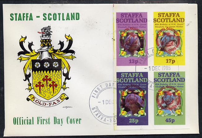 Staffa 1985 Life & Times of HM Queen Mother imperf set of 4 with Girl Guide 75th Anniversary opt in red, on cover with first day cancel, stamps on scouts, stamps on royalty, stamps on queen mother