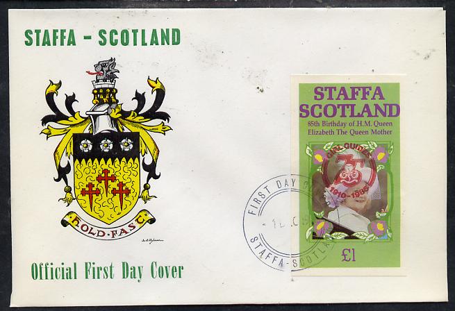Staffa 1985 Life & Times of HM Queen Mother imperf souvenir sheet (\A31 value) with Girl Guide 75th Anniversary opt in red, on cover with first day cancel, stamps on scouts, stamps on royalty, stamps on queen mother
