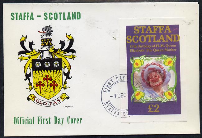 Staffa 1985 Life & Times of HM Queen Mother imperf deluxe sheet (\A32 value) with Girl Guide 75th Anniversary opt in red, on cover with first day cancel, stamps on scouts, stamps on royalty, stamps on queen mother