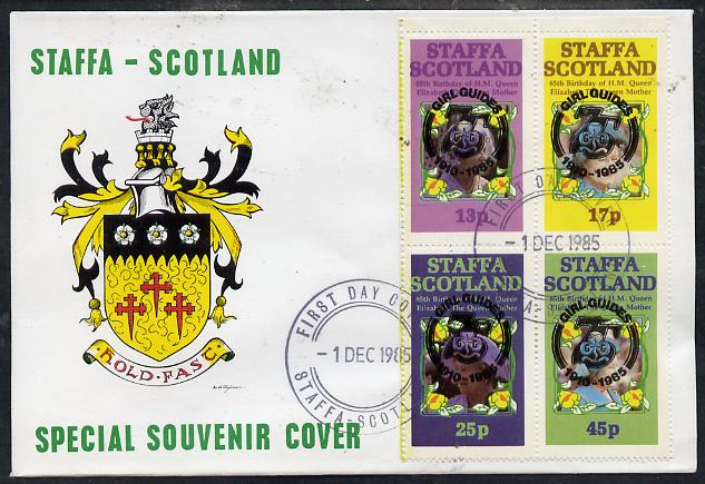 Staffa 1985 Life & Times of HM Queen Mother perf set of 4 with Girl Guide 75th Anniversary opt in black, on cover with first day cancel, stamps on scouts, stamps on royalty, stamps on queen mother