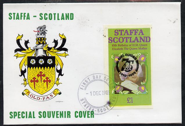 Staffa 1985 Life & Times of HM Queen Mother imperf souvenir sheet (\A31 value) with Girl Guide 75th Anniversary opt in black, on cover with first day cancel, stamps on scouts, stamps on royalty, stamps on queen mother