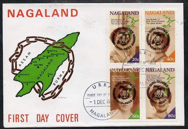 Nagaland 1985 Life & Times of HM Queen Mother perf set of 4 with Girl Guide 75th Anniversary opt in black, on cover with first day cancel, stamps on , stamps on  stamps on scouts, stamps on  stamps on royalty, stamps on  stamps on queen mother