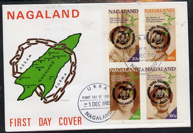 Nagaland 1985 Life & Times of HM Queen Mother imperf set of 4 with Girl Guide 75th Anniversary opt in black, on cover with first day cancel, stamps on , stamps on  stamps on scouts, stamps on  stamps on royalty, stamps on  stamps on queen mother