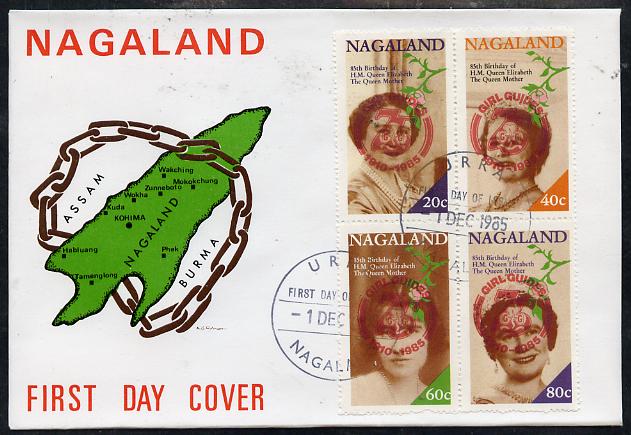 Nagaland 1985 Life & Times of HM Queen Mother perf set of 4 with Girl Guide 75th Anniversary opt in red, on cover with first day cancel, stamps on scouts, stamps on royalty, stamps on queen mother