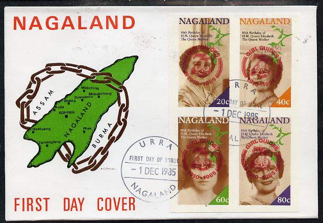 Nagaland 1985 Life & Times of HM Queen Mother imperf set of 4 with Girl Guide 75th Anniversary opt in red, on cover with first day cancel, stamps on , stamps on  stamps on scouts, stamps on  stamps on royalty, stamps on  stamps on queen mother