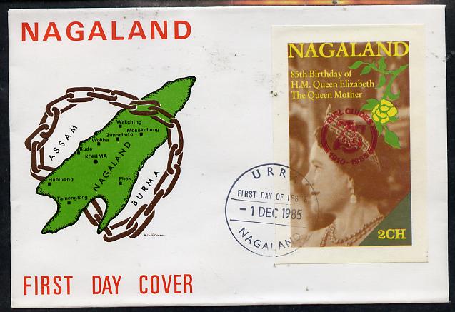 Nagaland 1985 Life & Times of HM Queen Mother imperf deluxe sheet (2ch value) with Girl Guide 75th Anniversary opt in red, on cover with first day cancel, stamps on scouts, stamps on royalty, stamps on queen mother